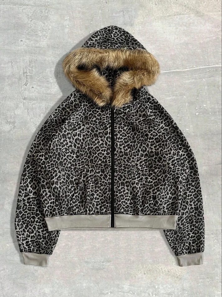 SNOW-WOLF Men's Leopard Pattern Soft Feather In Collar Zipper Hoodie